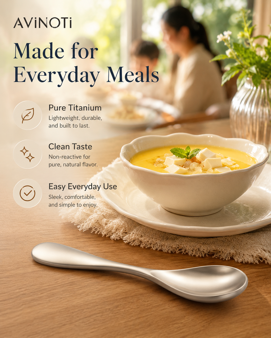 AVINOTI Pure Titanium Soup Spoon – Lightweight Reusable Dining Spoon