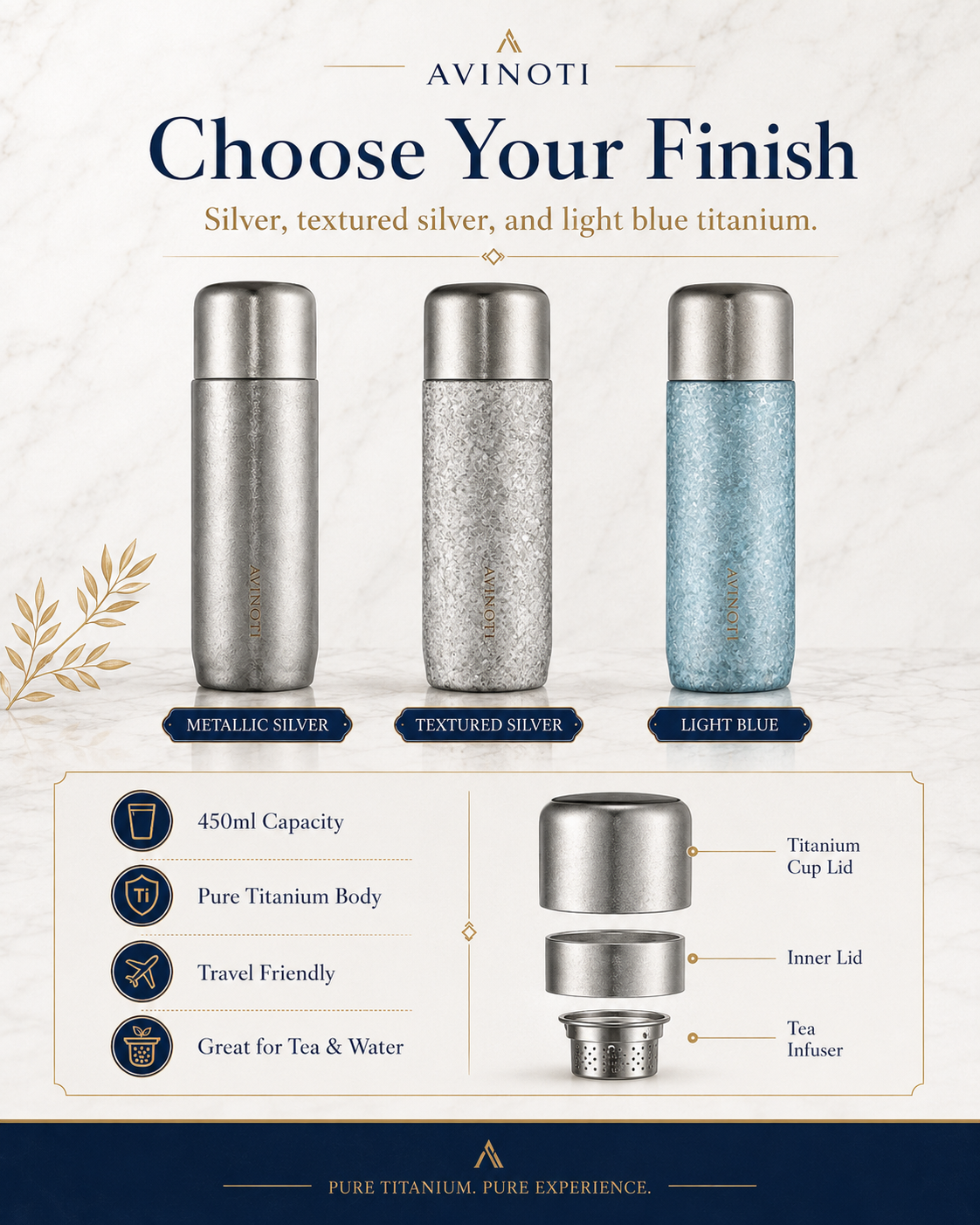 AVINOTI 450ml Titanium Tea Infuser Travel Cup – Pure Titanium Steeping Bottle