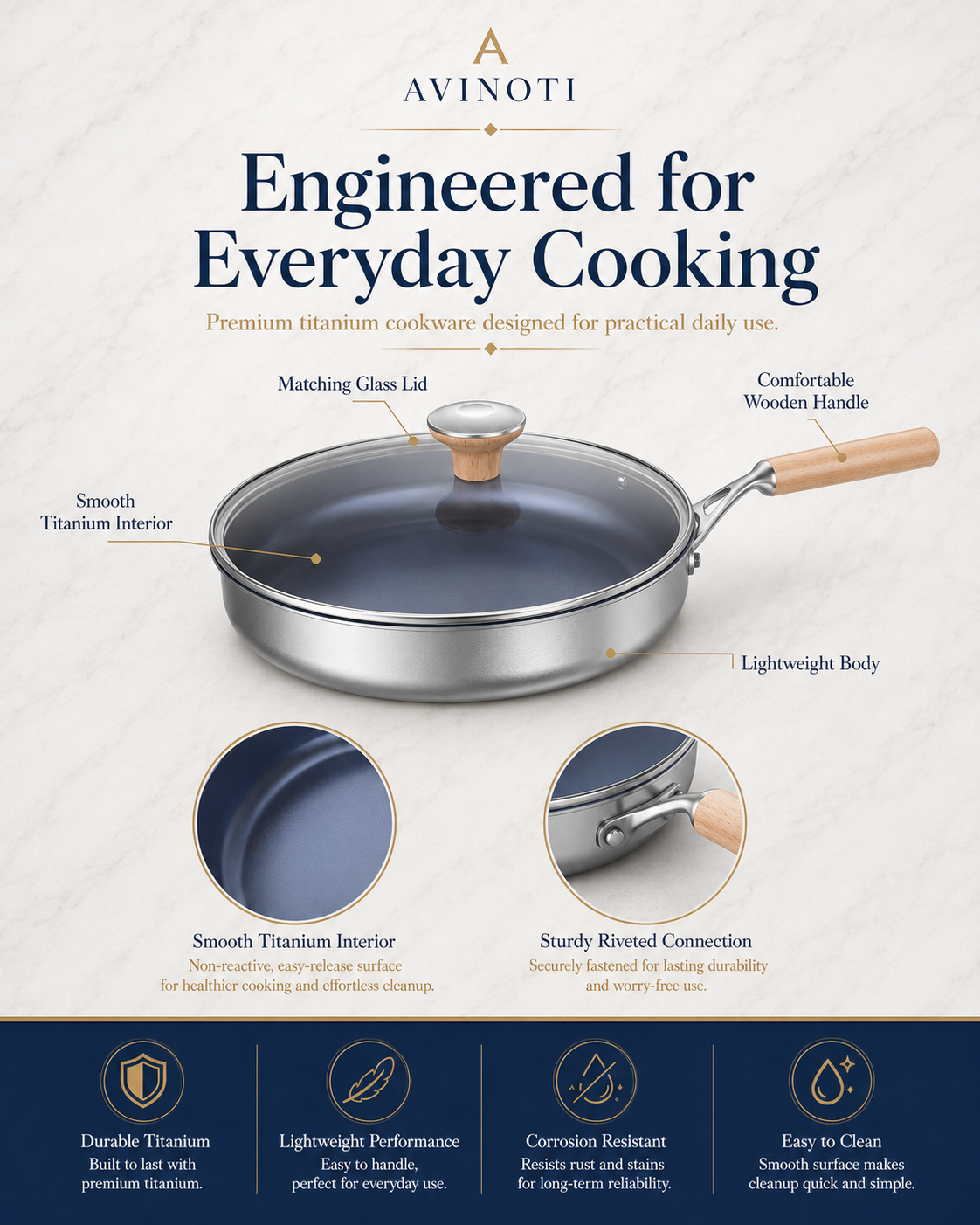 AVINOTI  Titanium Frying Pan with Steel Handle – Lightweight Nonstick Everyday Pan