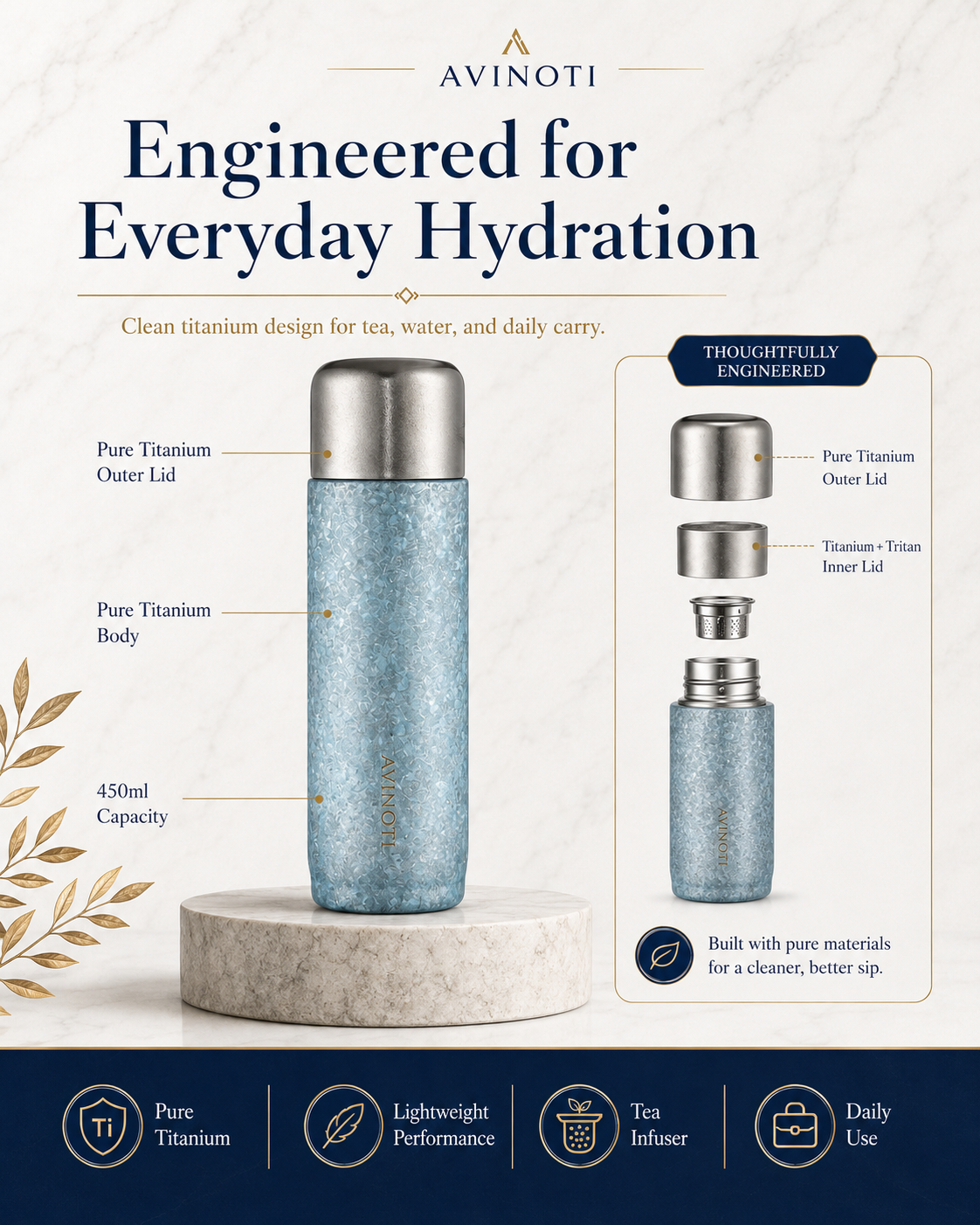 AVINOTI 450ml Titanium Tea Infuser Travel Cup – Pure Titanium Steeping Bottle