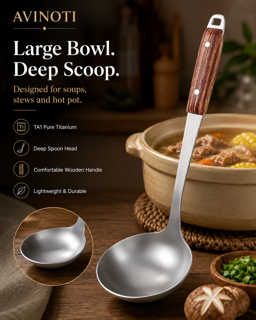 AVINOTI Pure Titanium Soup Ladle – Lightweight Kitchen Serving Spoon