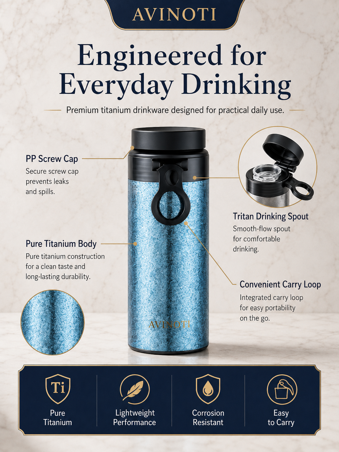 AVINOTI 520ml Titanium Business Travel Cup – Lightweight Pure Titanium Tumbler