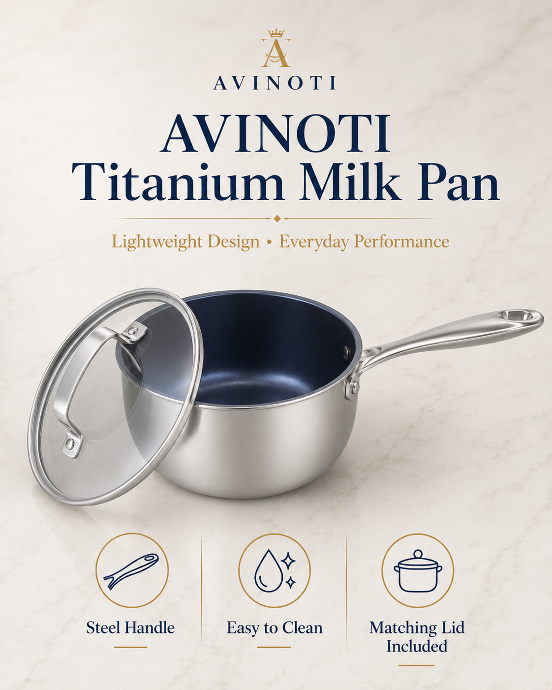 AVINOTI Titanium Milk Pan with Glass Lid – Lightweight Small Cooking Pot