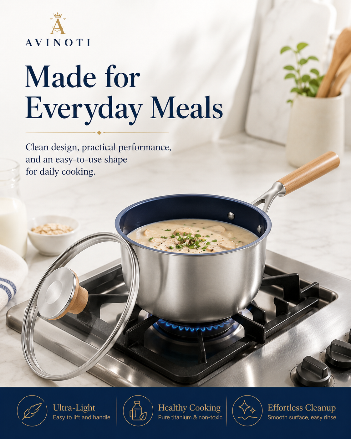 AVINOTI Titanium Milk Pan with Glass Lid – Lightweight Small Cooking Pot