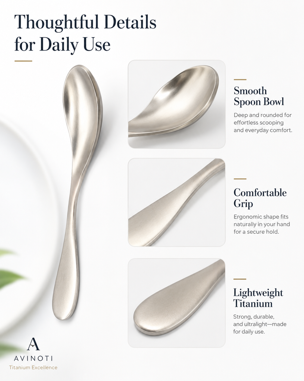 AVINOTI Pure Titanium Soup Spoon – Lightweight Reusable Dining Spoon