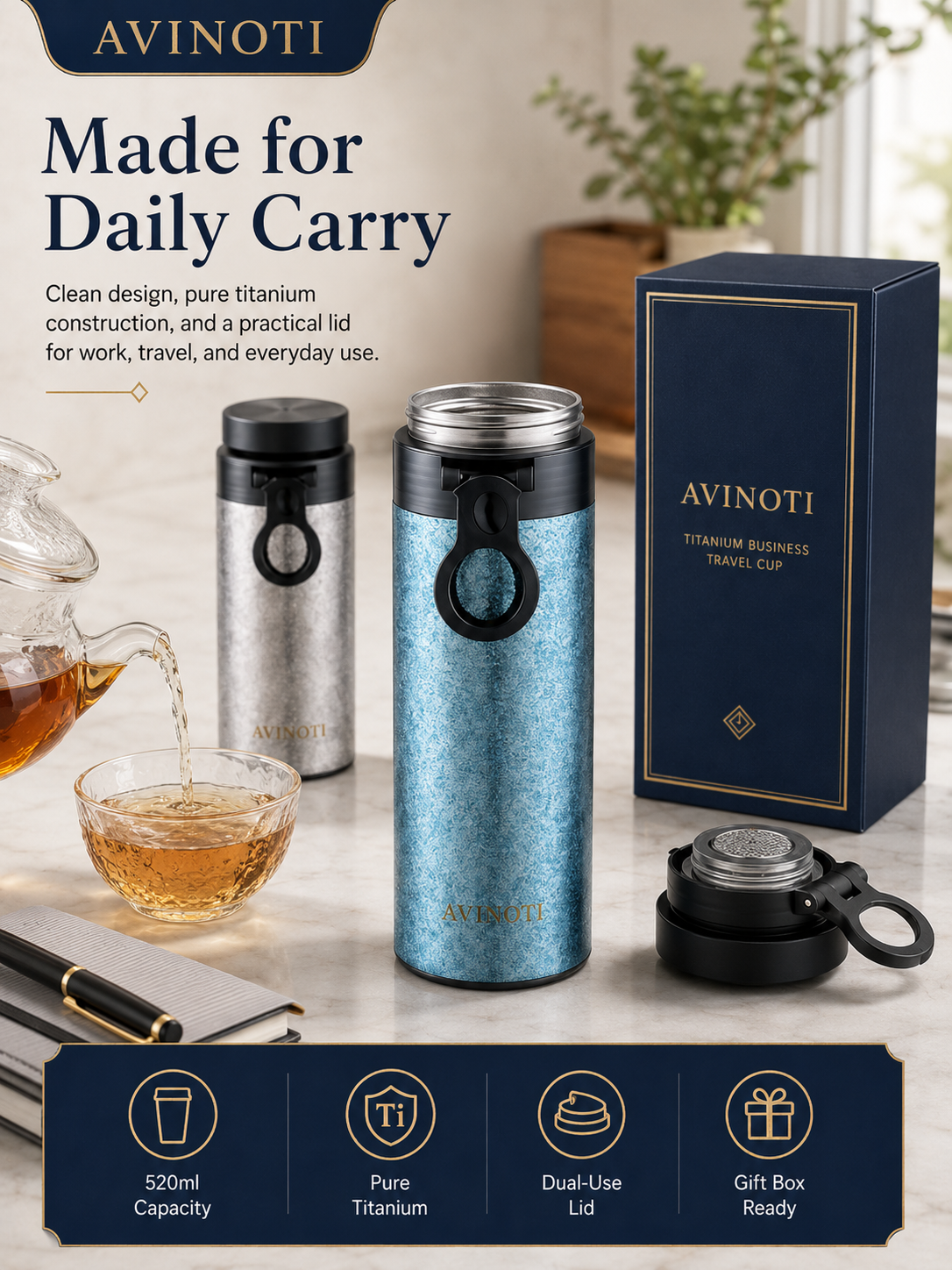 AVINOTI 520ml Titanium Business Travel Cup – Lightweight Pure Titanium Tumbler