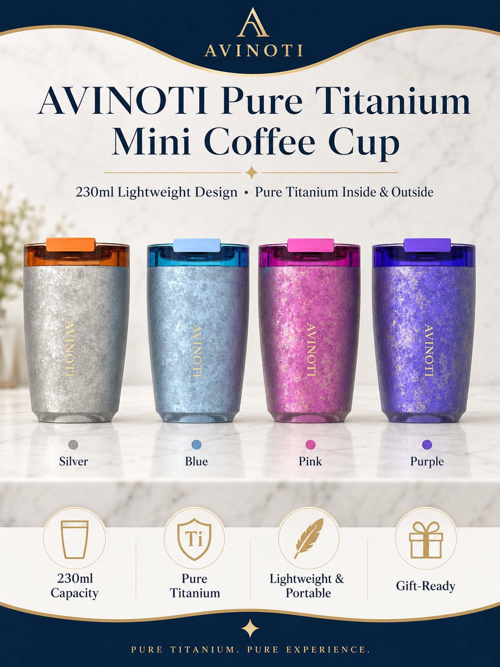 AVINOTI 230ml Pure Titanium Mini Coffee Cup – Lightweight Travel Drinkware