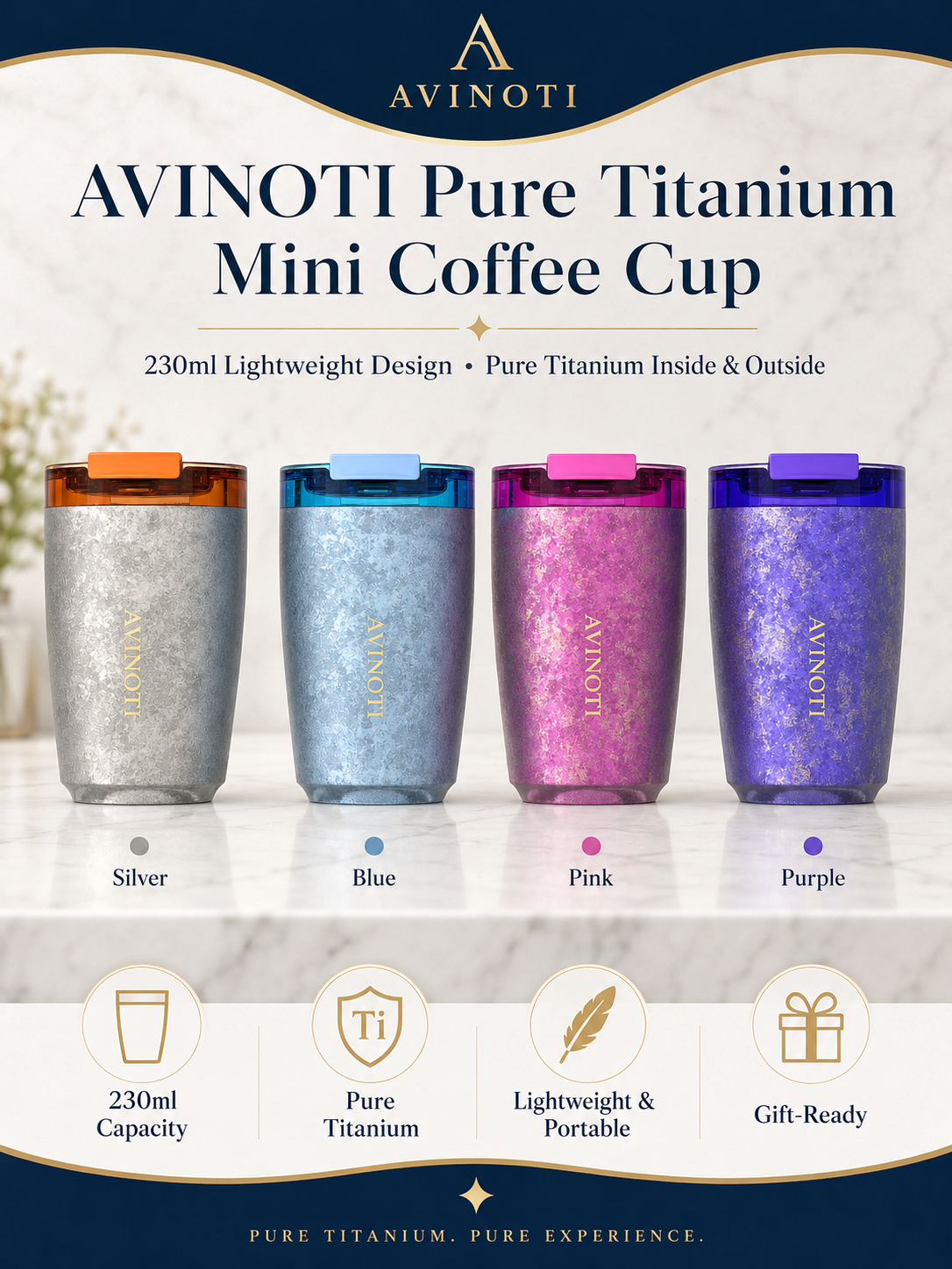 AVINOTI 230ml Pure Titanium Mini Coffee Cup – Lightweight Travel Drinkware
