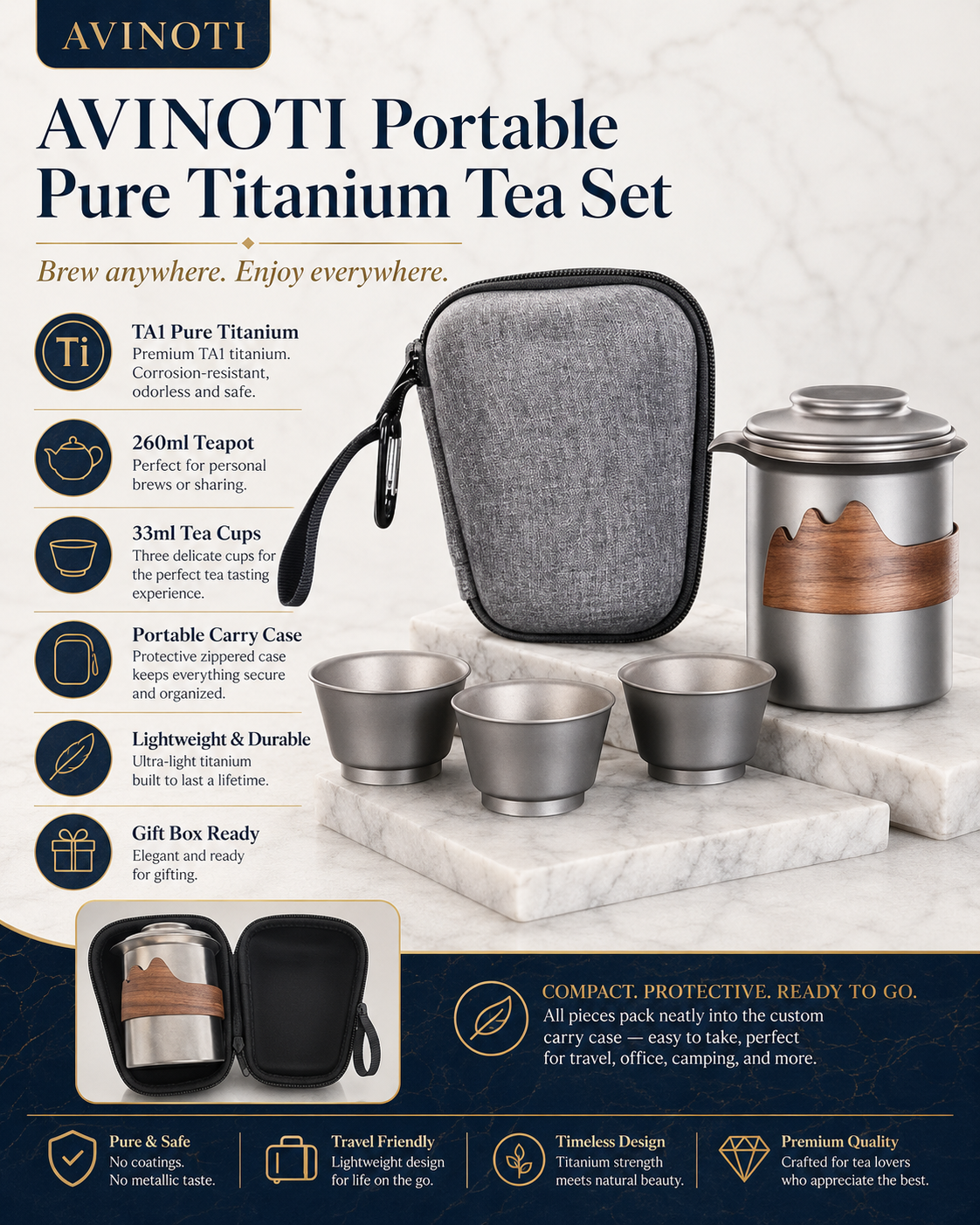 AVINOTI Portable Pure Titanium Tea Set – Titanium Teapot & Tea Cups with Carry Case