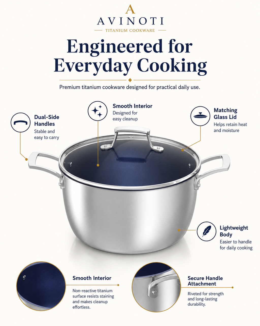 AVINOTI Titanium Stock Pot with Lid – Lightweight Everyday Cooking Pot