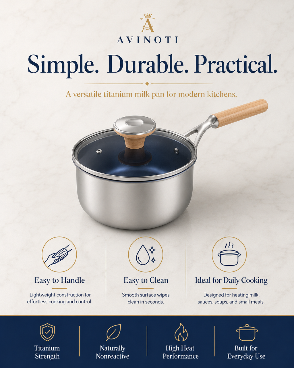 AVINOTI Titanium Milk Pan with Glass Lid – Lightweight Small Cooking Pot