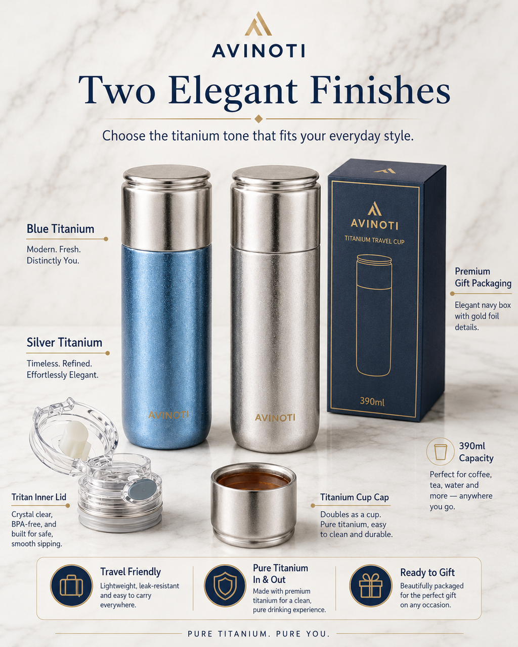 AVINOTI 390ml Titanium Travel Cup – Lightweight Pure Titanium Drinkware