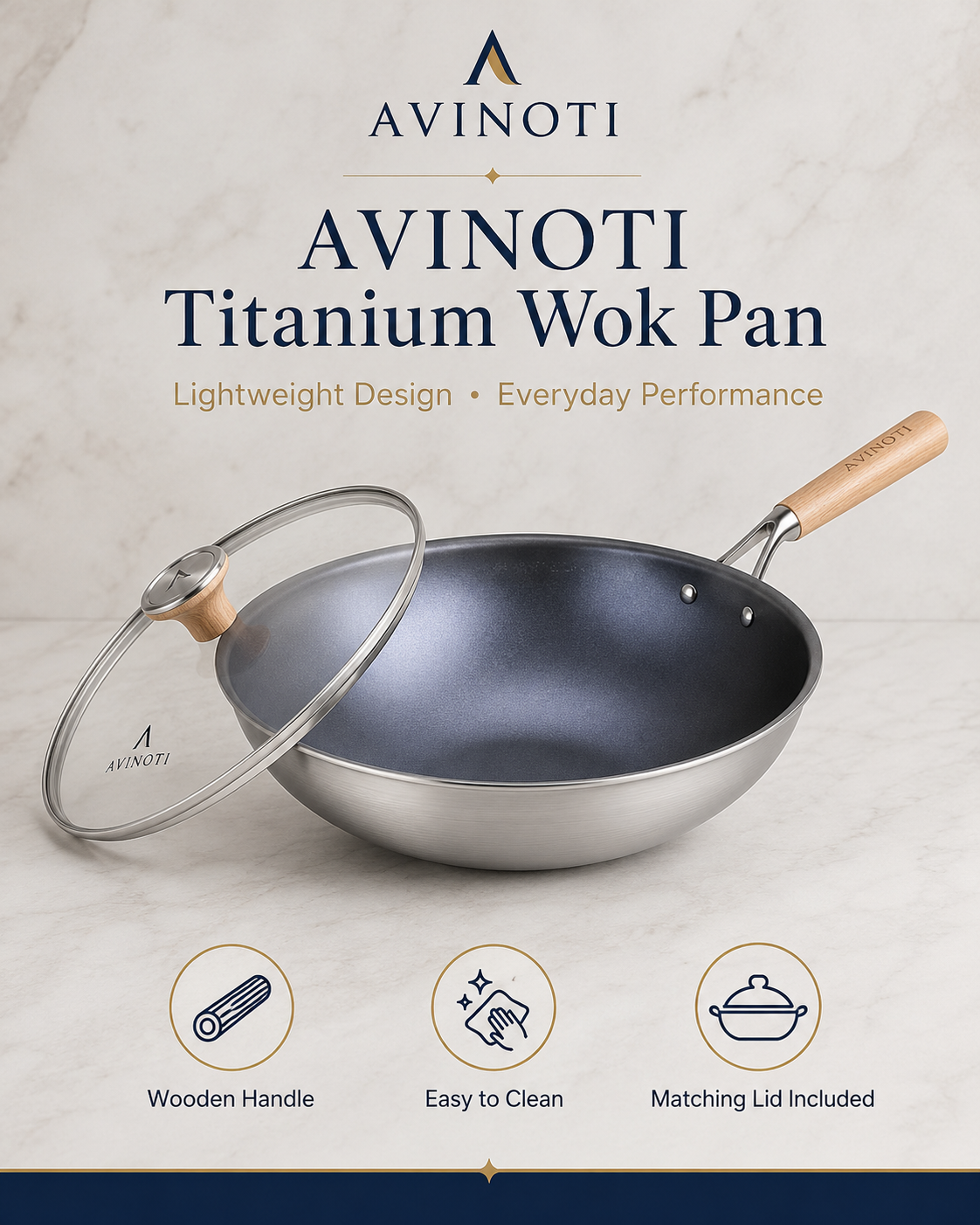 AVINOTI  Titanium Wok Pan with Lid – Lightweight Nonstick Stir Fry Pan